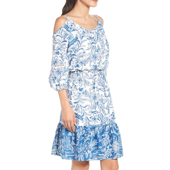 Eliza J Dresses & Skirts - NWT Eliza J cold shoulder blue printed dress Eliza J Dresses & Skirts - NWT Eliza J cold shoulder blue printed dress